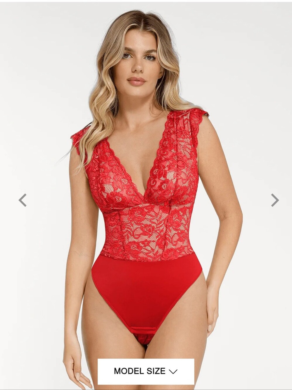 Popilush Red with Gold Threads Lace Deep V Bodysuit